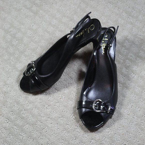 NWOT Cole Haan Nike Size 9.5AA Black Silver Buckle Peep Toe Sling Back 3" Heels - Picture 1 of 5